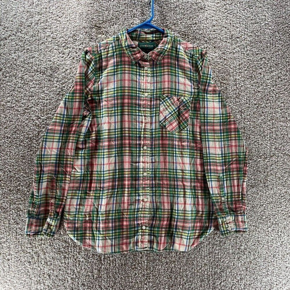 J Crew Shirt Womens 8 Red Green Plaid Button Up Flannel Always Cotton Preppy